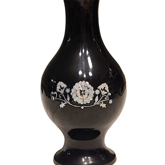 Vintage Black Lacquer brass vase with Abalone Mother of Pearl overlay  - Picture 5 of 6